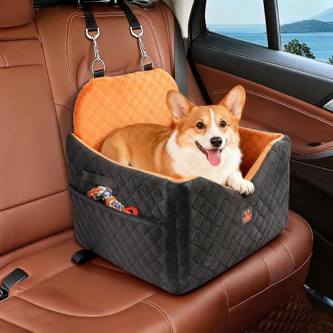 Dog Car Seat for Small/Medium Dogs Up to 35lbs, Puppy Car Seat with Thick Cushion, Detachable Washable Dog Carseat with Storage Pockets, 2 Safety Belts (Brown)