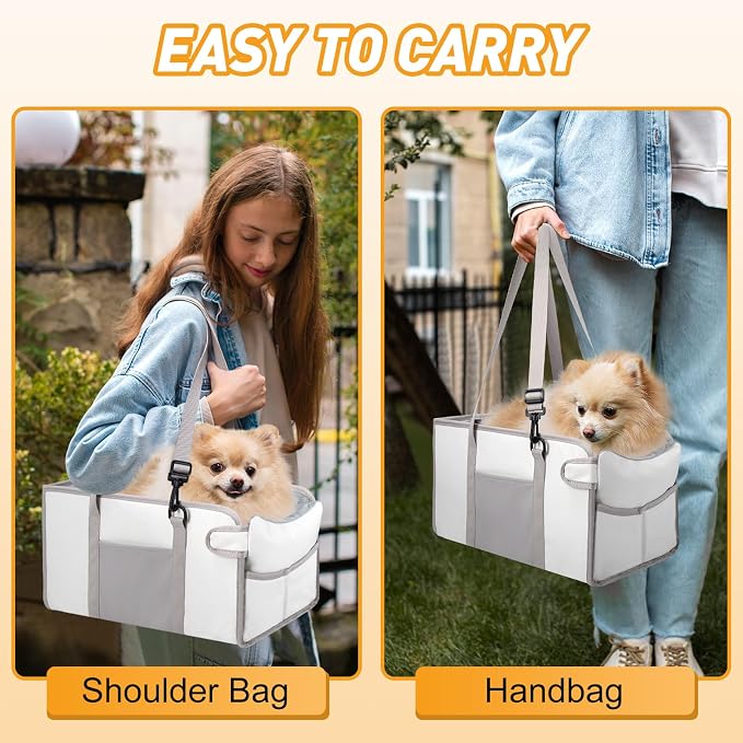 Portable Dog Car Seat for Small Dogs, Puppy Car Seat, Beige | Booster Seat With Safety Leash & Adjustable Straps Keeps Small Dogs Secure. Removable Washable Cushion. Fits Most Cars.