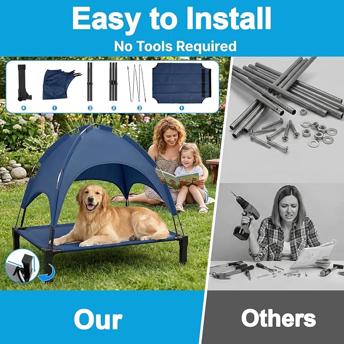 Elevated Dog Bed with Canopy Raised Pet Cot for Large Dogs, Outdoor Dog Cot with Removable Sun Shade Tent, Breathable Mesh Portable Dogs Cot for Camping, Beach, Backyard, Outdoor Use