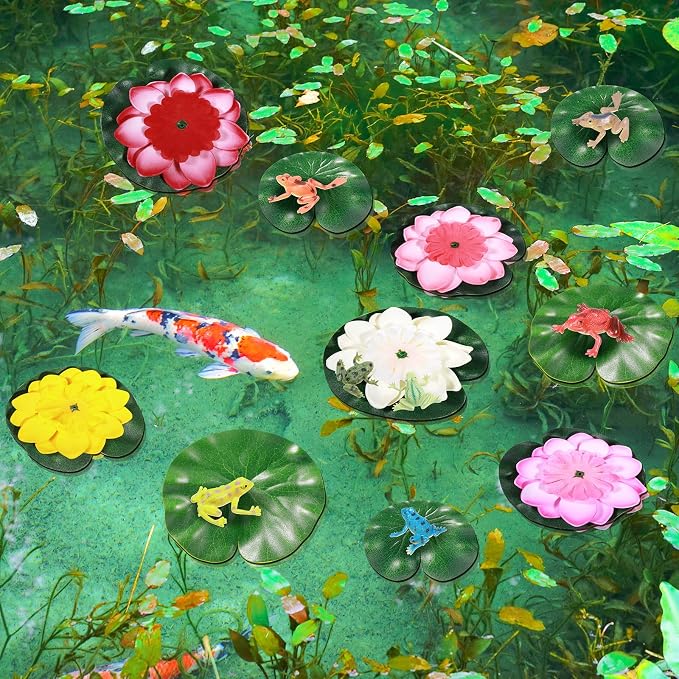 22 Pcs Water Lily Pad Artificial Floating Lotus Flower with Plastic Frog Figures Toy Set for Garden Home Decor Party Favor Koi Pond Accessories Ornament Indian Diwali Decorations Return Gifts
