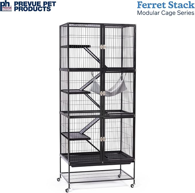 Prevue Pet Products Ferret Stack Six Story Ferret Home - Portable Stand, Escape Proof Lock, Includes Hammock & Ramps, Expandable Six Story Cage Stacking System with Wheels - Black