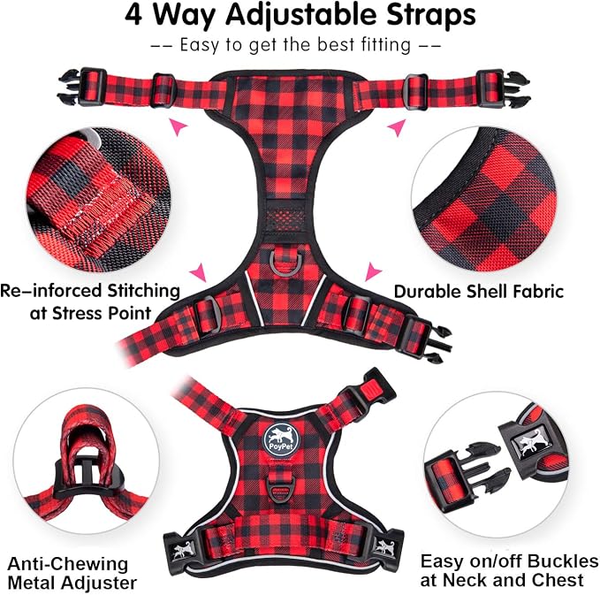 PoyPet Plaid Dog Harness Small, No Pull Vest with Front Clip & Neck Buckle | Padded Handle, Reflective, No Choke, Lockable, 2 Leash Rings, Full Adjustable, for Training Walking, XS, Checkered Red