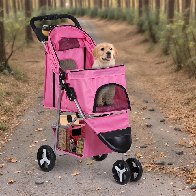 LEMY Foldable Pet Stroller,3 Wheels Cat/Dog Stroller with Weather Cover for Small/Medium Dogs and Cats,Pink Pet Strolling Cart with Storage Basket and Cup Holder