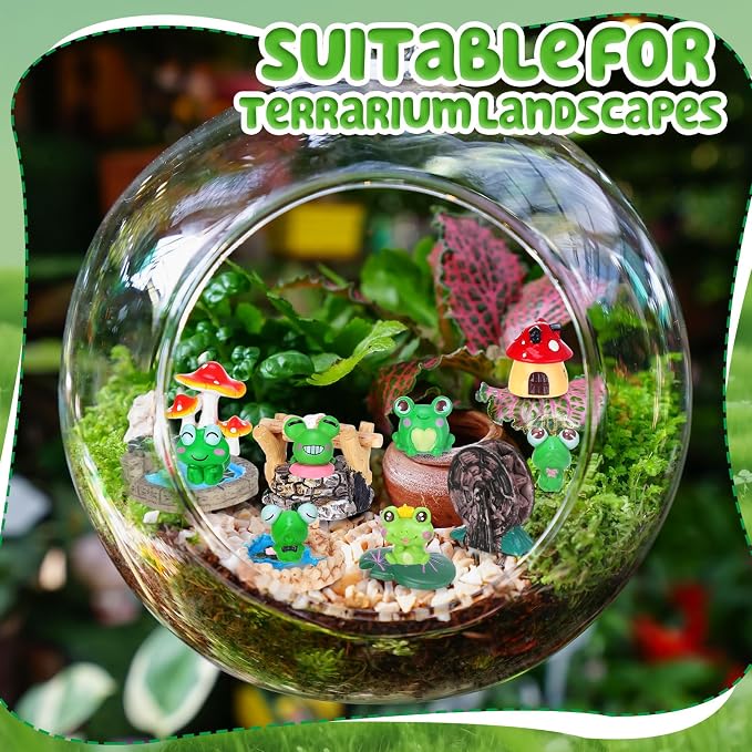 24 Pcs Mini Resin Frog Figures Miniature Fairy Garden Accessories Mushroom Pond Bridge Lighthouse Figures Water Well Fake Lawn Figurines Decoration for DIY Craft Plant Pot Garden Decor