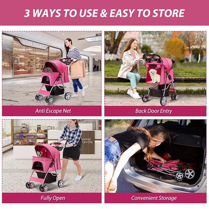 Unisakey 4 Wheels Pet Stroller for Small Medium Dogs Cats 10-33 lbs, Foldable Dog and Cat Stroller with Cup Holder & Storage Basket & Breathable Mesh, Pet Strolling Cart for All-Season, Pink