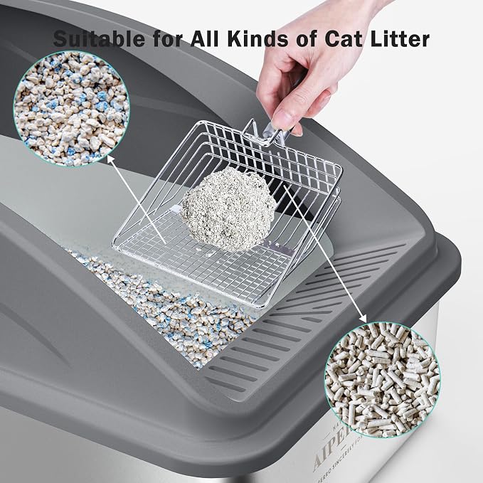 AIPERRO Stainless Steel Litter Box | XL Enclosed Cat Litter Boxs with Lid for Big Cats | High Sided, Anti-Urine Leakage | Non-Stick Bottom & Includes Litter Mat & Metal Scoop (Dark Gray)