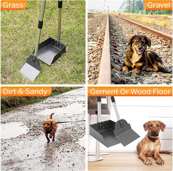 Dog Pooper Scooper, Metal Tray & Spade with 38.2" Long Handle | Large Dog Poop Scooper: 9.5x9x3.1in Tray, 7.7x6in Spade, No-bend Pickup, Yard and Kennel, Tool-free Setup