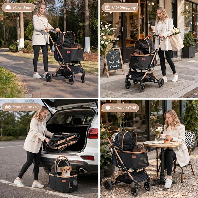 6-in-1 Foldable Dog Stroller for Small to Medium Dogs & Cats | Frame Supports up to 50 lbs, Luxury Black & Gold Pet Stroller with Detachable Carrier, Foldable Travel Stroller, 360° Wheels