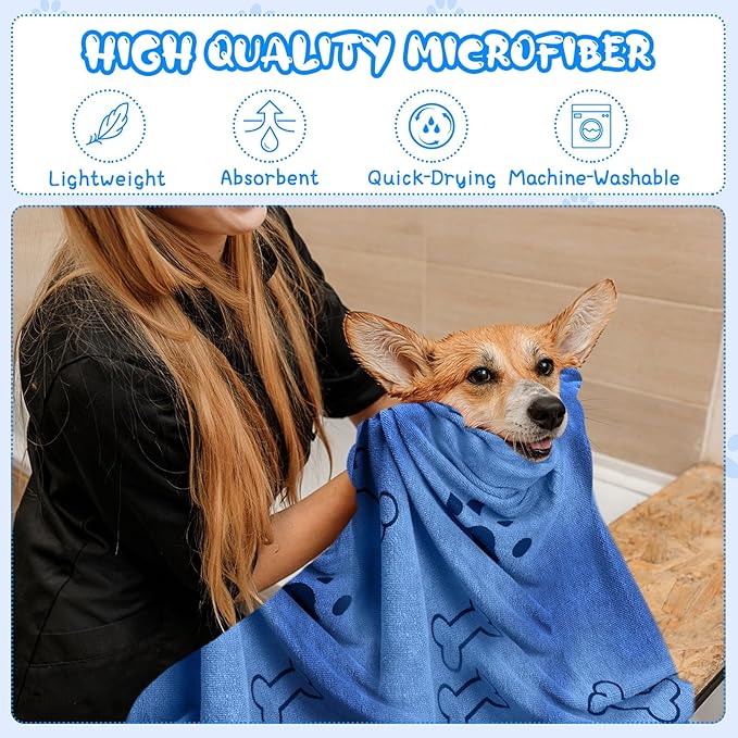 Tatuo 22 Pcs Dog Towels for Drying 20 x 40 Inch Pet Bath Towels Absorbent Microfiber Towel Quick Drying Puppy Bathing Supplies for Small Medium Large Dog Puppy Cat(Blue,Bone Pattern)