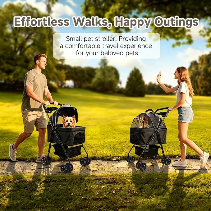 Pet Stroller for Small Dogs and Cats with 4 Wheels, 3 in 1 Foldable Dog Stroller with Detachable Carrier, Breathable Mesh, Storage Basket & Cup Holder, Up to 33 lbs