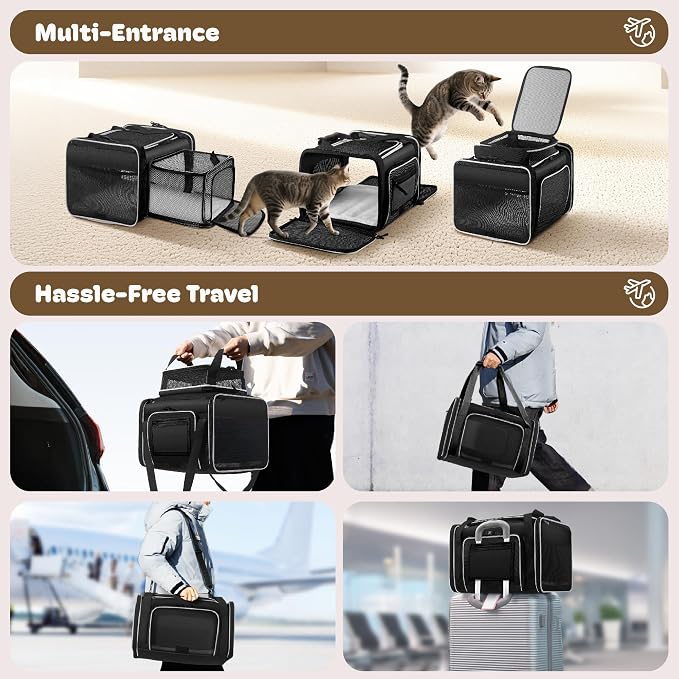 Top and 2 Sides Expandable Pet Carrier 17x11x9.5,TSA Airline Approved Small Dog Carriers for Small Dogs,Soft-Sided Cat Carrier with Self-Locking Zippers for Kitten,Rabbit,Puppy,Guinea Pig Black White