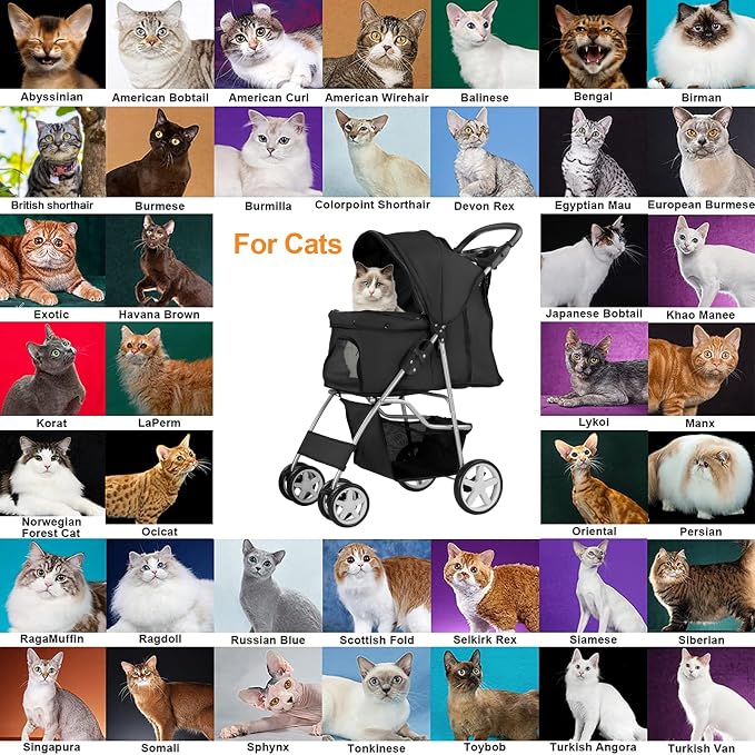 Pet Stroller for Small Dogs and CatsQuick-Folding Portable Travel Cat Dog Stroller with Storage Basket and Cup Holder, 4 Wheels, Pure Black