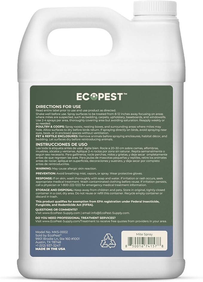 Mite Spray – Natural Killer for Dust, Bird, Spider & Other Mites | Bedding & Furniture-Safe | Treatment for Chickens, Poultry, Dogs, Cats, Reptiles & Other Pets | Indoor & Outdoor (1 Gallon)