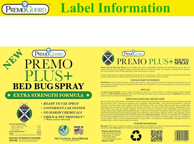 Premo Plus+ Bed Bug Spray Extra Strength – 32 oz – Fast Acting Bed Bug Treatment & Killer – Stain & Scent Free – Child & Pet Safe – Powerful New Stronger Formula – Natural with No Harmful Chemicals