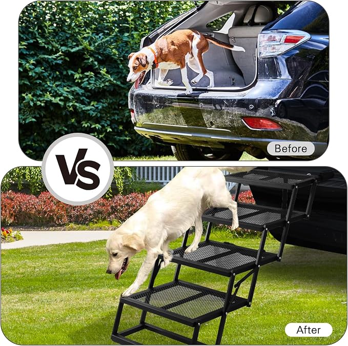 DGSL Folding Dog Stairs for Car, Mesh 16.9" Wide 4-Step Non-Slip Pet Steps | Portable Pet Stairs for Vehicle Access, Large Dogs, SUVs, Trucks and Home use