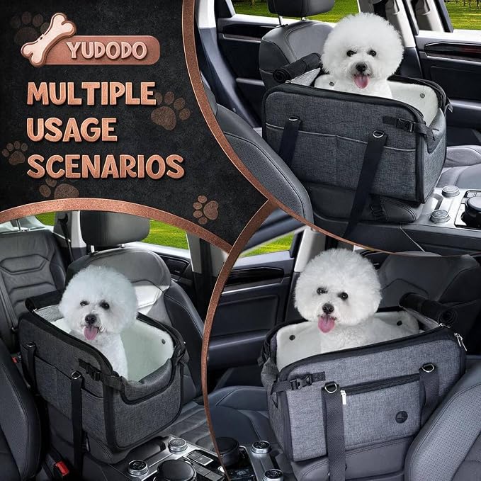 YUDODO 10-18lbs Large Console Dog Car Seat with Removable Velvet Cushion | Portable Puppy Cat Seat, PU Leather, Waterproof, Wipe Clean, Safe & Durable, Side Pockets, for Truck & SUV-Width>9.5in, Gray