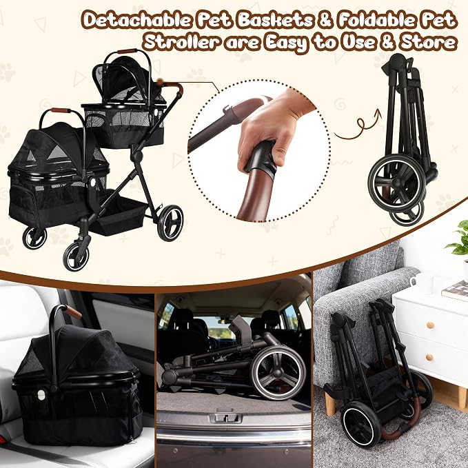 Foldable Double Pet Stroller for 2 Small Medium Cats Dogs | Convertible single/double | Detachable carriers | All-terrain wheels & shock | Safety brakes & tether | Breathable oxford