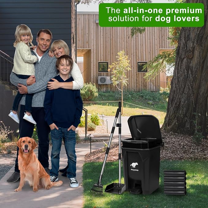 Dog Poop Trash Can Outside - 20L/5Gal Dog Poop Scooper Set, Black | Outdoor Trash Can with Lid and Removable Inner Bin,Dog Waste Trash Can with 100 Bags & Storage Box and Metal Rake & Tray