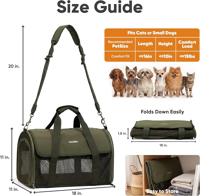 FUKUMARU Cat Carrier, Light & Airy Pet Carrier, 18x11x11 Airline Approved Dog Carrier for Small Dogs, 2-in-1 Shoulder Strap Leash, Collapsible Soft Cat Travel Carrier with Anti-Scratch Mesh, Green
