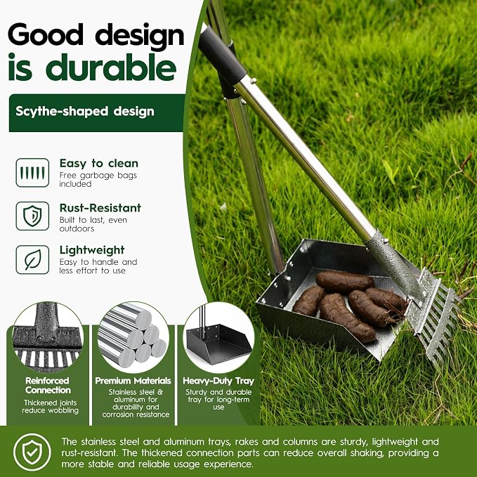 Long Handle Dog Pooper Scooper with Extension & Spare Poles, Stainless Steel Rustproof for Large Medium Dogs Yard Lawn | Ergonomic height adjustment, Four optional configurations, fits various grounds, easy to clean, free gloves & hook