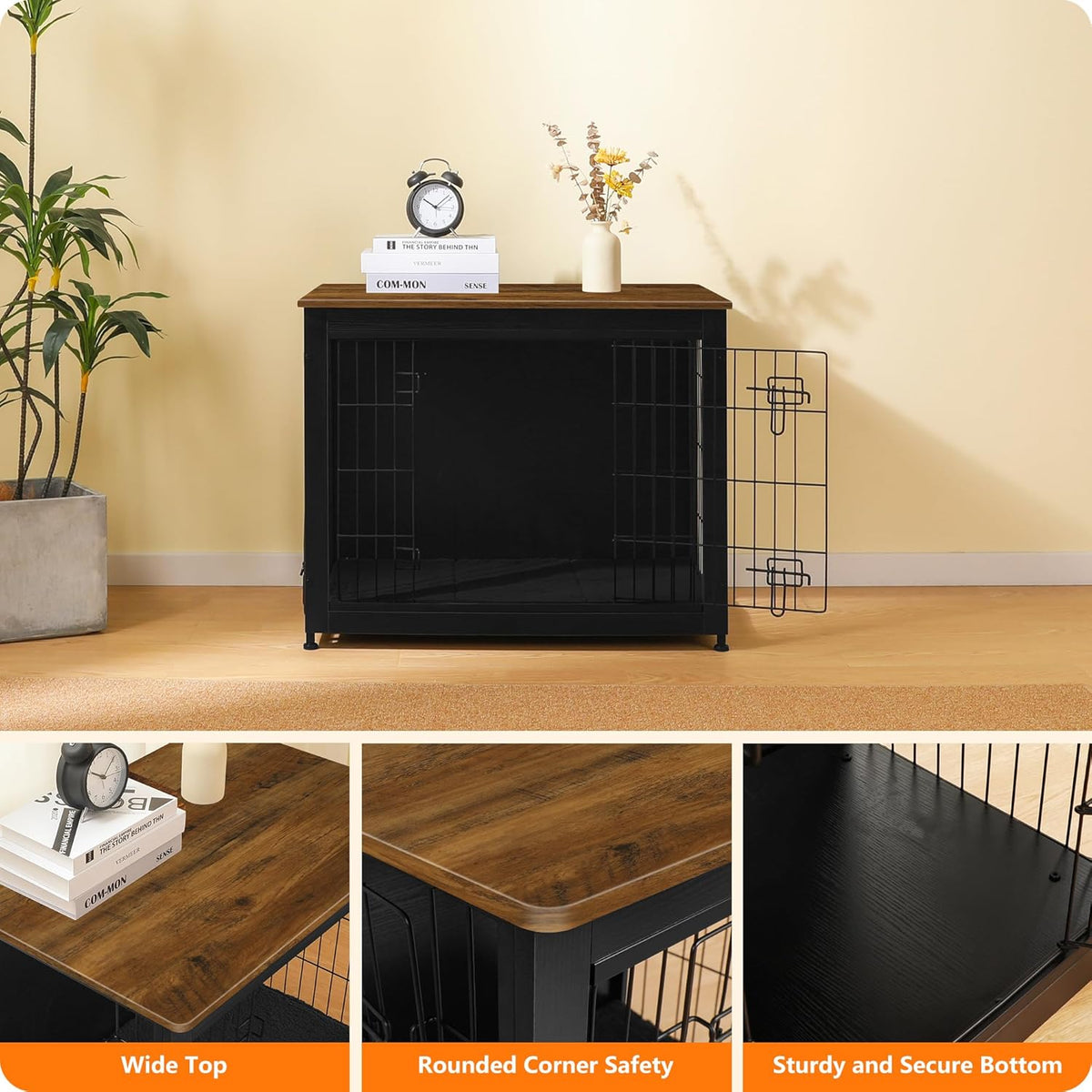 DWANTON Dog Crate Furniture with Cushion, Wooden Kennel Table with Double Doors, Indoor Dog House, Medium Size, 32.5" L, Black+Warm Brown