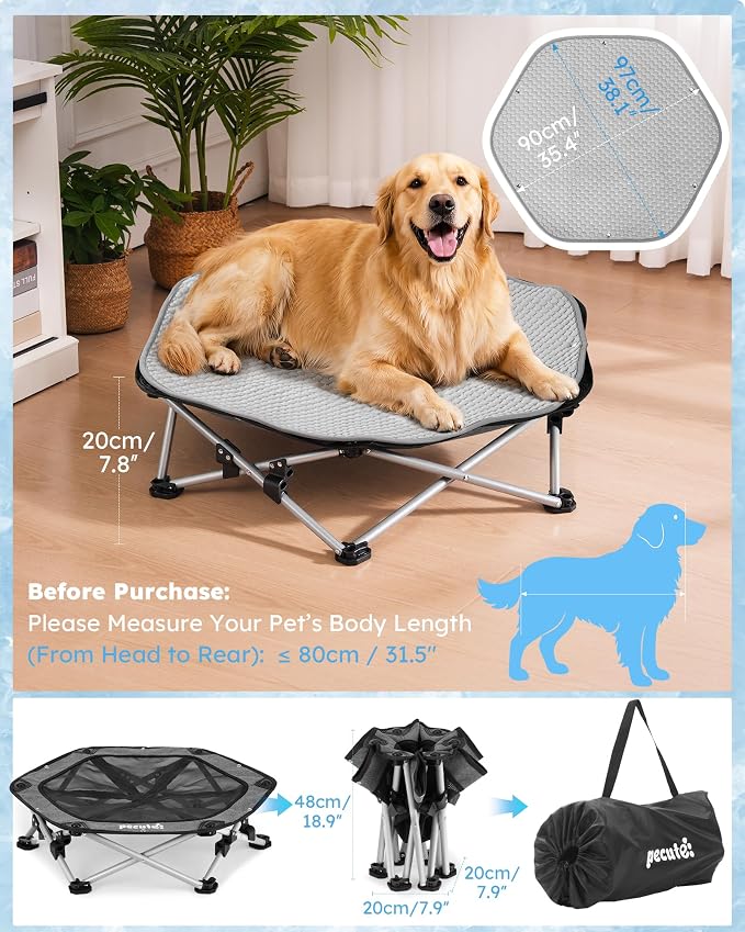 Pecute Raised Dog Bed with Cooling Mat, Elevated Pet Cot for Large Dogs, XL | Breathable Textilene Mesh, Outdoor Camping & Beach, Steel Frame,130 lbs Heavy Duty Support, Tool-free 3-second Quick Assembly