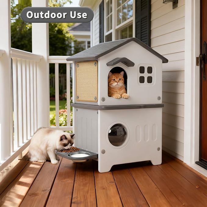 Rockever 2-Story Outdoor Cat House, Waterproof Cat House for Outdoor Cats | With Escape Door, Elevated Outside Cat House with Cat Bowls & Scratch Pads, Clean Easily(Grey)