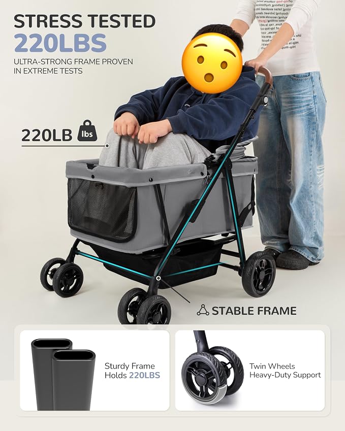Dog Stroller for Large & Medium Dogs (20–132 lbs), Pet Stroller for 2 Small Dogs, Extra Large Heavy Duty, Foldable & Ventilated, Grey