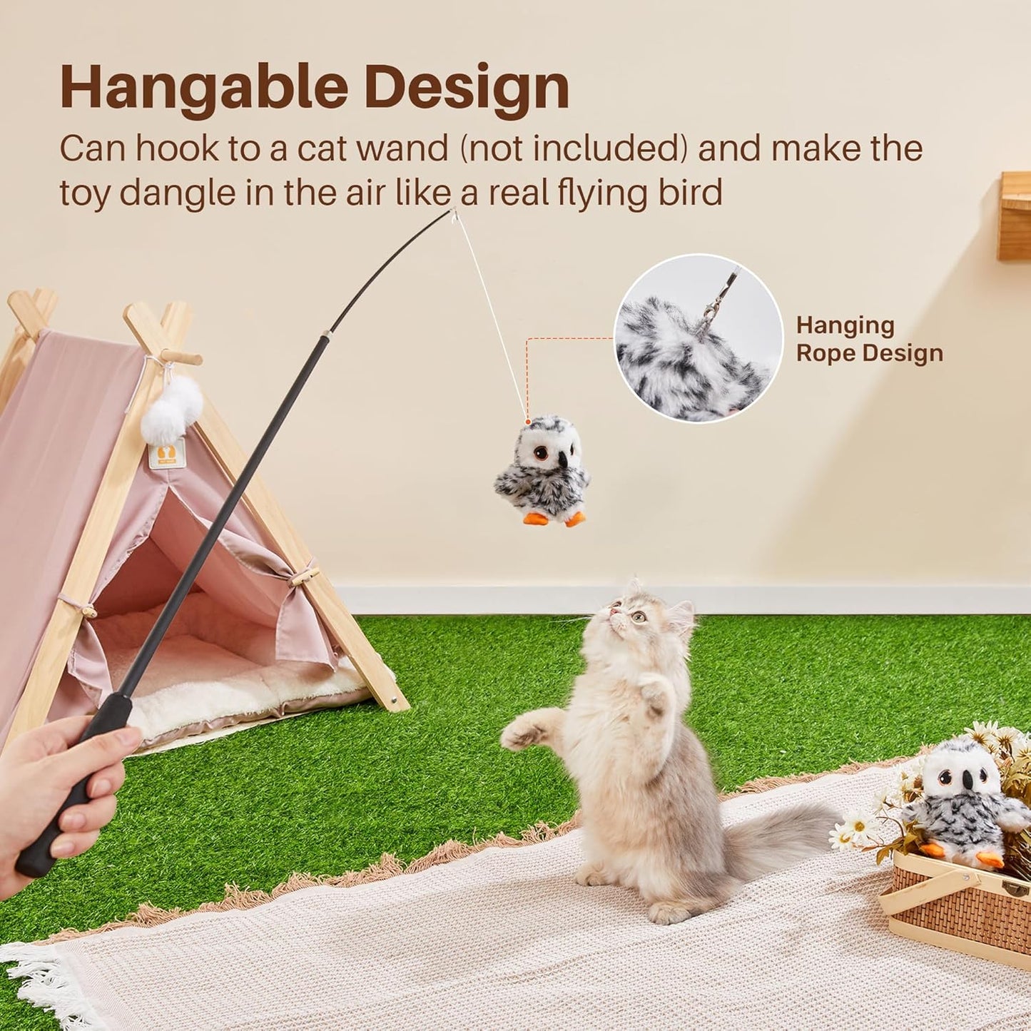 Potaroma Flapping Owl Cat Toys (No Flying), Lifelike Bird Chirp, Rechargeable Touch Activated Kitten Toy, Interactive Catnip Kicker Exercise Toys 4.0" for All Breeds