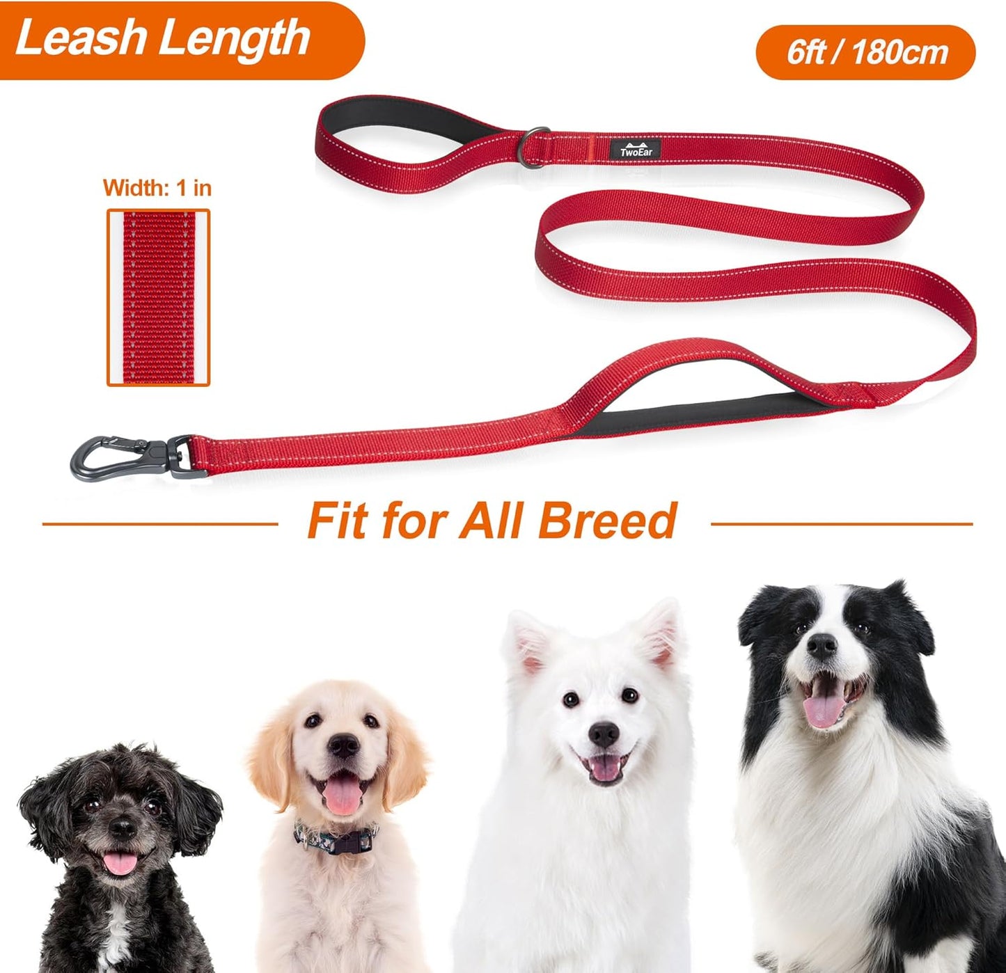 TwoEar 6FT 1IN Strong Red Dog Leash with 2 Padded Handles, Traffic Handle Extra Control, Comfortable Soft Dual Handle, Auto Lock Hook, Reflective Walking Lead for Small Medium and Large Dogs