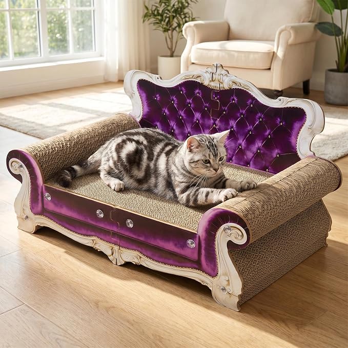 Luxury Cardboard Cat Scratcher Sofa Bed, Couch Shaped Cat Scratching Board, Cat Scratch Lounge with Catnip, Cat Scratcher for Indoor Cats (Purple Crown)