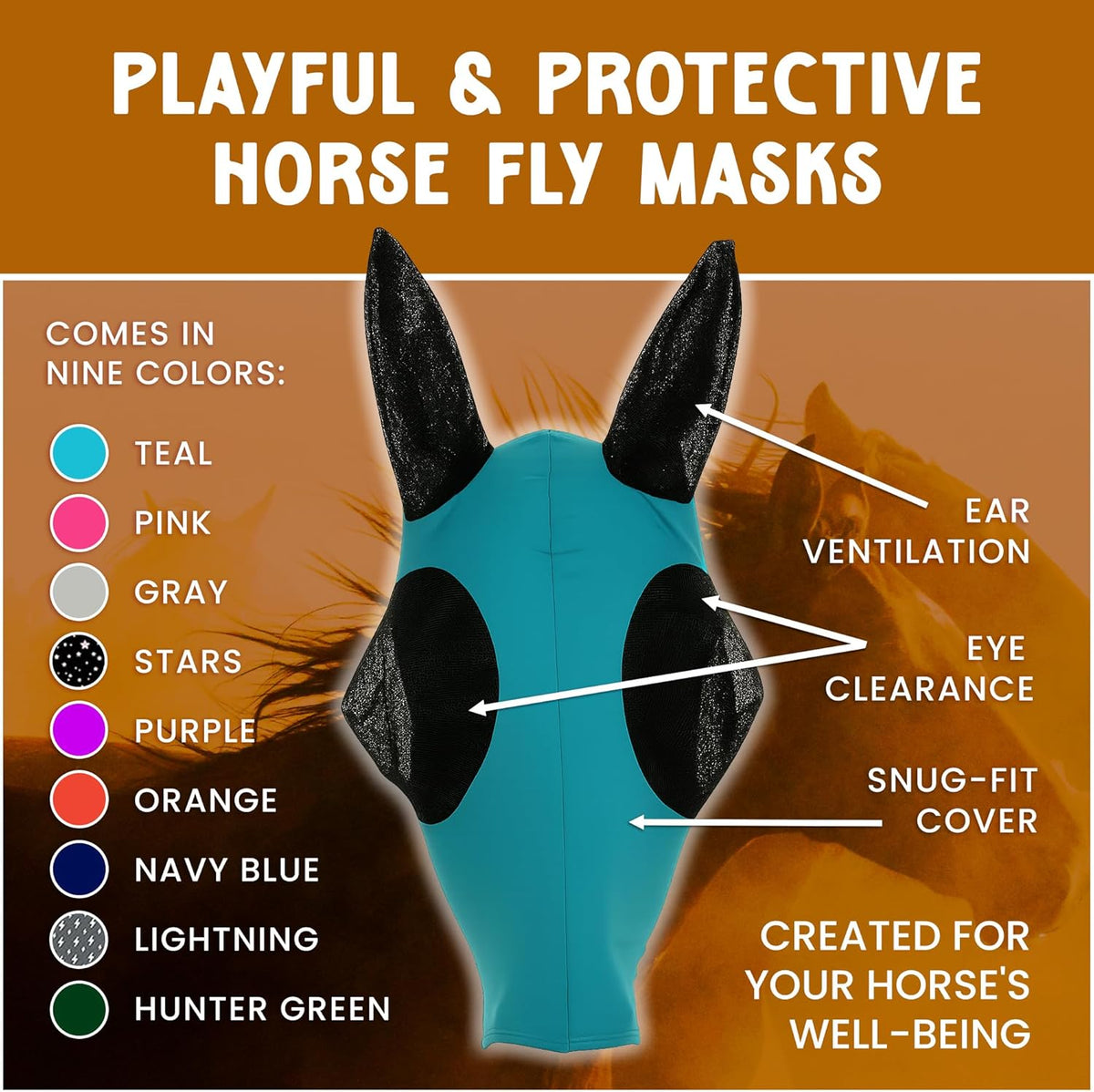Horse Fly Mask - Equine Fly Mask with Full Coverage for Eye & Ear - Stretchable, UV & Sun Protection Flymask for Horses, Ponies & Mini Horses - Horse Face Cover for Pasture & Trail - Lightning