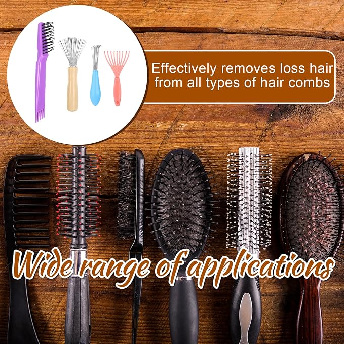 4 Pcs Hairbrush Cleaner Tool Set Hair Brush Cleaner Rake Comb Mini Cleaning Brush with Rake Comb Cleaner for Removing Hair Dust Hair Brush Cleaning Tool for Home and Salon Use