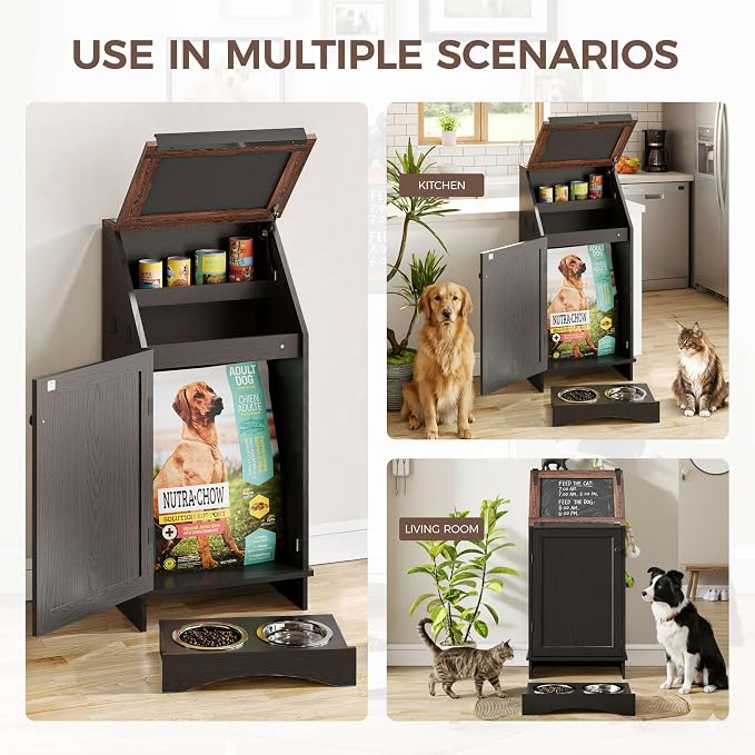 FIMELLO Dog Feeding Station with Storage, Dog Food Cabinet with 2 Hidden Feeding Bowls, Flip-Top Pet Storage Cabinet, Pet Food Holder, Black Grain