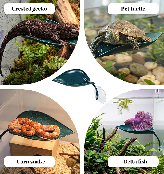 3 Pcs African Dwarf Frog Tank Accessories, Multifunctional Crested Gecko Tank Accessories, PVC Leaf Basking Platform with Suction Cups for African Dwarf Frog & Crested Gecko Tanks (4.8 x 2.8 Inches)