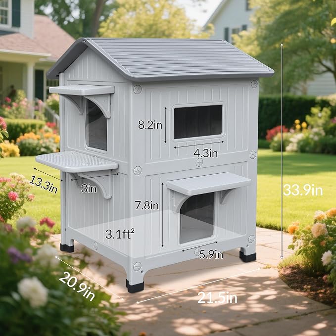 Outdoor Cat House 2 Story HDPE Weatherproof for Feral Cat, Grey with Mat | 21.5" D x 21" W x 34" H, Plastic Elevated Insulated Cat Shelter with Escape Door, Easy Clean & Assemble, Expansive Interior