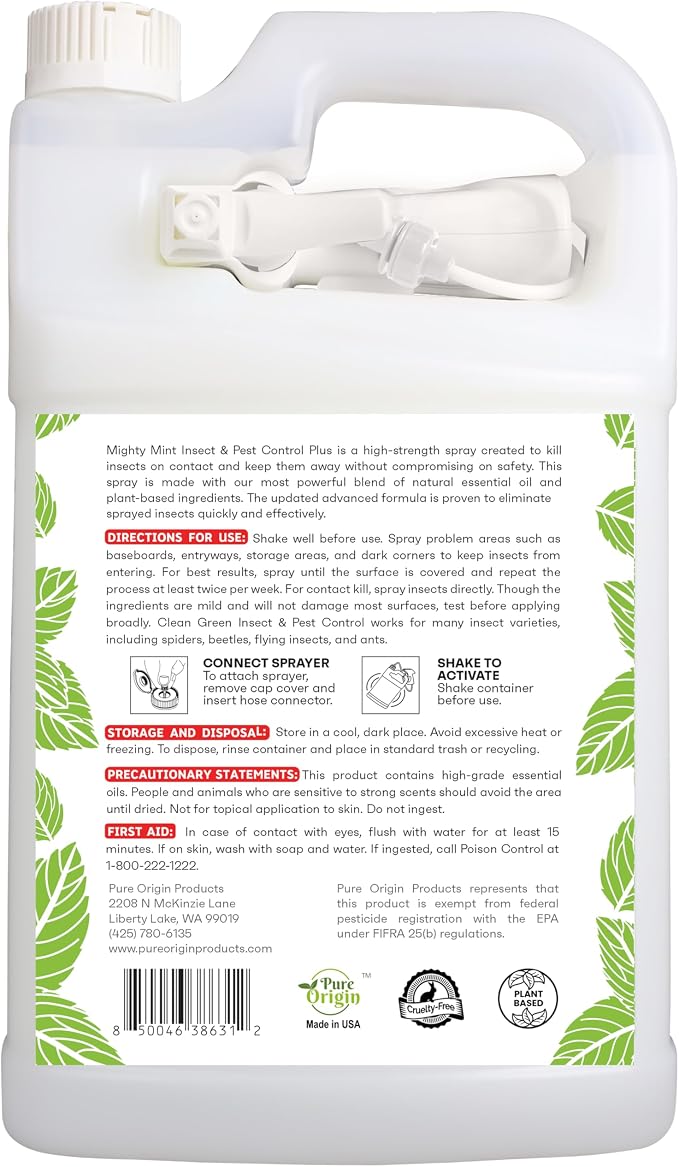 Mighty Mint Peppermint Oil Insect Repellent Plus Spray – Natural Indoor & Outdoor Bug Control for Spiders, Ants, Roaches, and More – Plant-Based, Extra-Strong Formula - 128 oz
