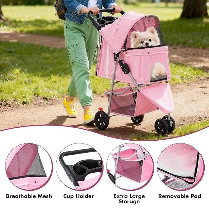 3 Wheels Pet Stroller,Storage Basket and Cup Holder, Breathable Mesh, Waterproof and Foldable for Small/Medium Dogs and Cats Strollers, Lightweight Travel Carrier for Daily Walks & Outdoor,Pink