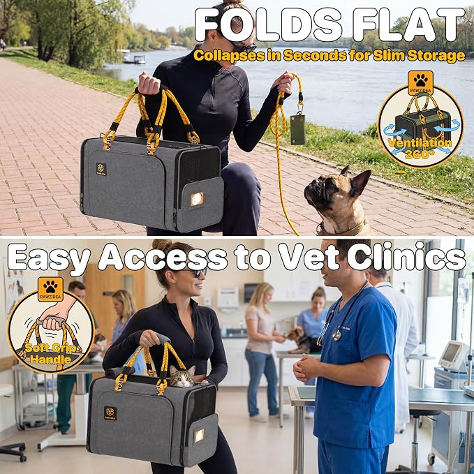 PAWZIDEA Expandable Pet Carrier with Wheels, 18"x11"x11" TSA Airline Approved Cat Carrier for 2 Cats Under Seat, Collapsible Soft-Sided Small Dog Rolling Travel Bag with Telescopic Handle, Up to 18lbs