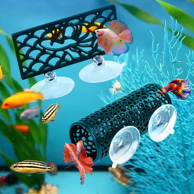 Abizoo Betta Fish Tank Accessories Decorations, Betta Tunnel Swim Tube Black Soft Edged Betta Hammock Bed, Shrimp Guppies Hideout Shelter Toys, Aquarium Moss Ledge - Perfect For Betta Tanks