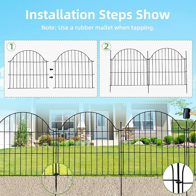 Blingluck Decorative Metal Garden Fence with Gate Lock 10 Panels, 24in (H) x 20ft (L) No Dig Dog Fence Outdoor for Yard, Temporary Rustproof Metal Wire Rabbit Dog Garden Border Fencing for Patio