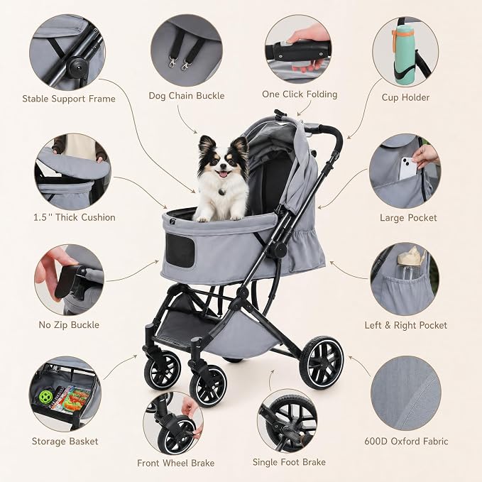 MUTTROS Pet Stroller for Small Medium Dogs & Cats Up to 66lbs, One Click Fold Dog Stroller, Large Cat Stroller w/All Terrain Shock Absorbing Wheels, Reversible Handle, Removable Washable Pad, Black
