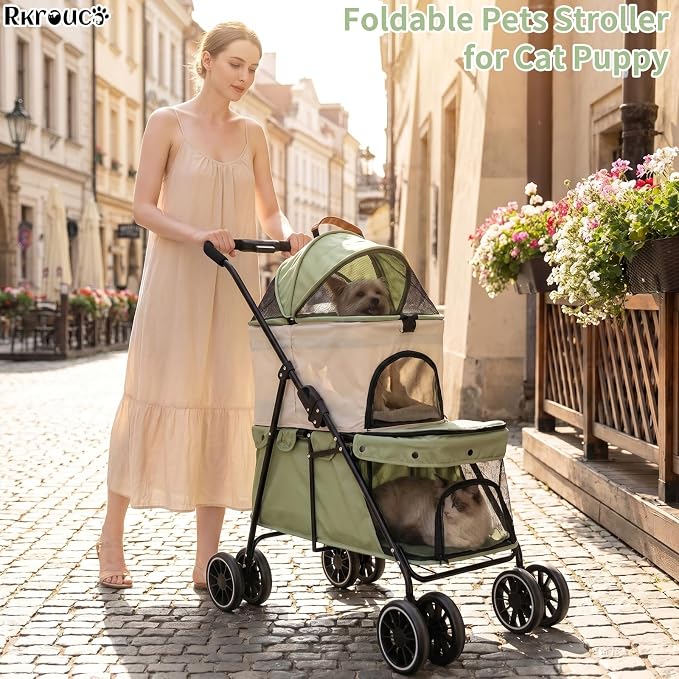 Foldable Double Pets Stroller for Dog Portable Cat Strollers for Small Medium Pet with One Detachable Carrier Flexible Lockable Wheels Lightweight Dogs Jogger (Green Beige)