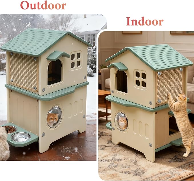 Insulated Cat House Outdoor Plastic Cats Shelter Outside with Cat Bowls | Weatherproof, Durable Plastic, with Elevated Cat Bowls, Cat Scratch Pad , Escape Door, 2-Story, Waterproof ,for Multiple Cats