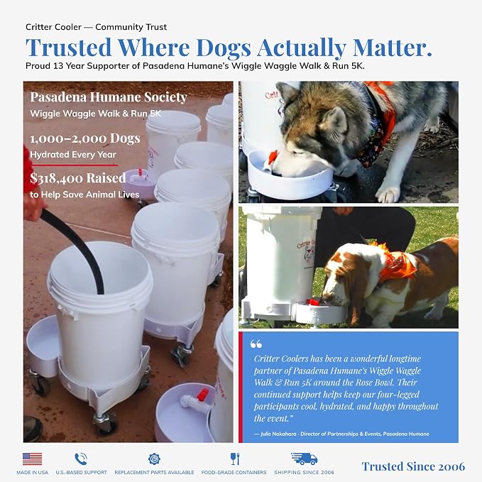 3.5 Gallon Top Fill Gravity-Fed Dog Waterer, Locking Wheels, Food Grade | Choose quality over disposable products, with US support and replaceable parts.