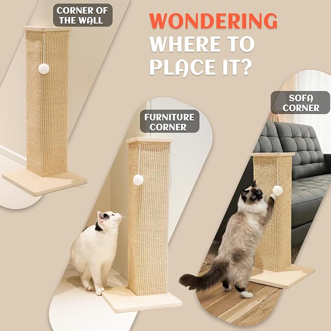 PETKARAY Couch Corner Cat Scratcher, 28'' Corner Wall Scratching Post, Sisal Cat Scratch Pad for Sofa & Furniture Protection with Toy Ball