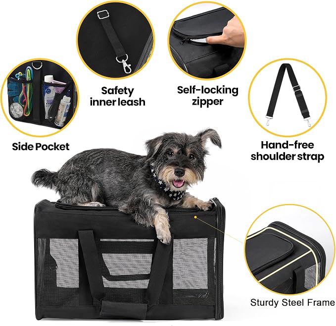 Conlun Cat Carrier Airline Approved, Soft-Sided Dog Carrier with Inner Safety Leash, Pet Transport Carrier for Small-Medium Cats Puppies up to 15 Lbs, Collapsible Travel Kitten Carrier Bag -BlackM