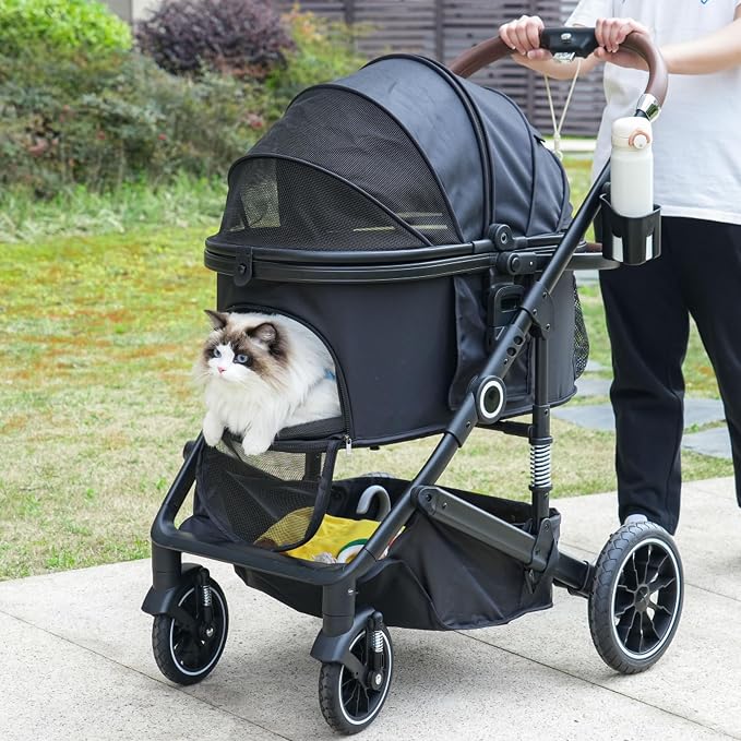 TODEFULL Pet Stroller with 4 Wheels, 3 IN 1 Folding Puppy Strollers for Small/Medium Dogs Cats up to 50lbs, Lightweight Pet Travel Carrier with Detachable Cushion, Storage Basket and Cup Holder, Black