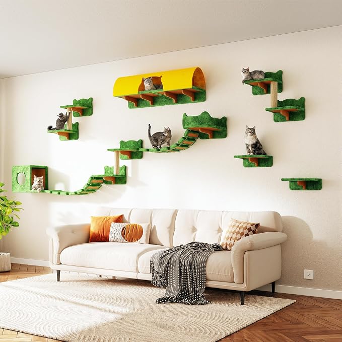 16-in-1 Cat Wall Shelves, Cat Furniture w/Tunnel & Bridge, Green | Wall Mounted Cats Shelf Set with Plush Fabric, Cat Climbing Wall Systems for 16 Inch Drywall, with Scratching Posts, Condos