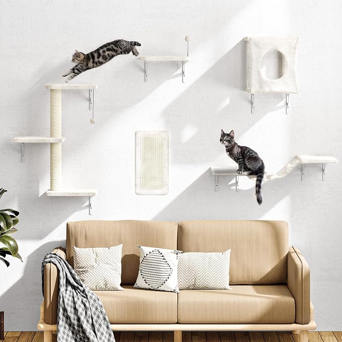 10 Pcs Cat Wall Shelves Set, Wall-Mounted Climber with Cat House, Scratching Post, Bridge, Hammock, Space-Saving Play Furniture, Beige